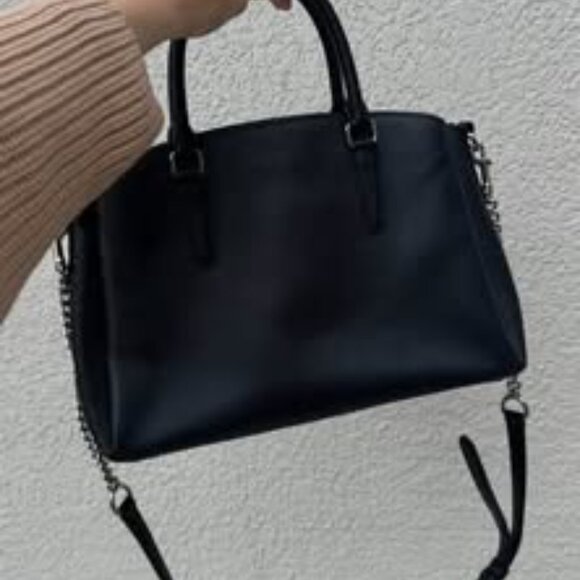 COACH Black Leather Carryall Purse with Long Strap Black Silver - Picture 2 of 5